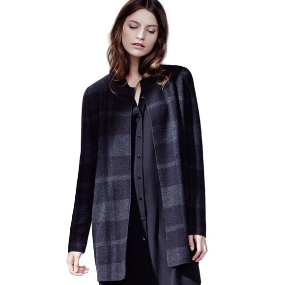 Eileen Fisher Plaid Merino Wool Open Front Long Jacket Cardigan Grey Black Small - Picture 11 of 11